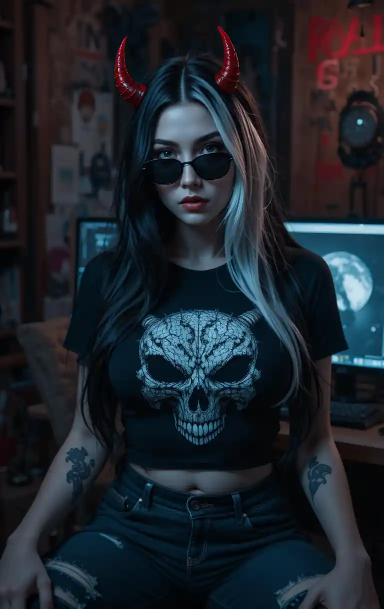 Mulher ousada com chifres de diabo em uma sala de computador escura