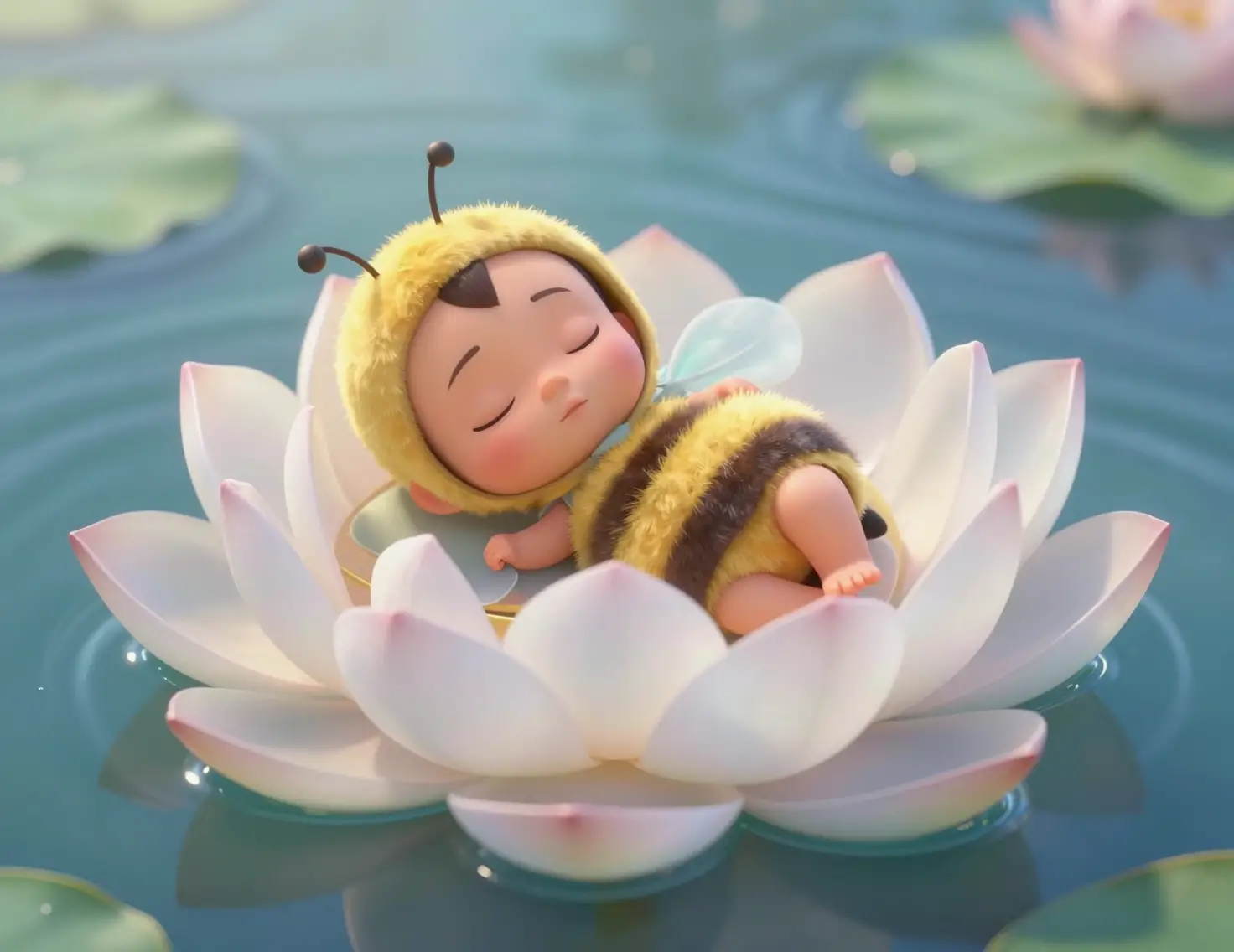 Tiny baby in lotus flower wearing a cute bee costume