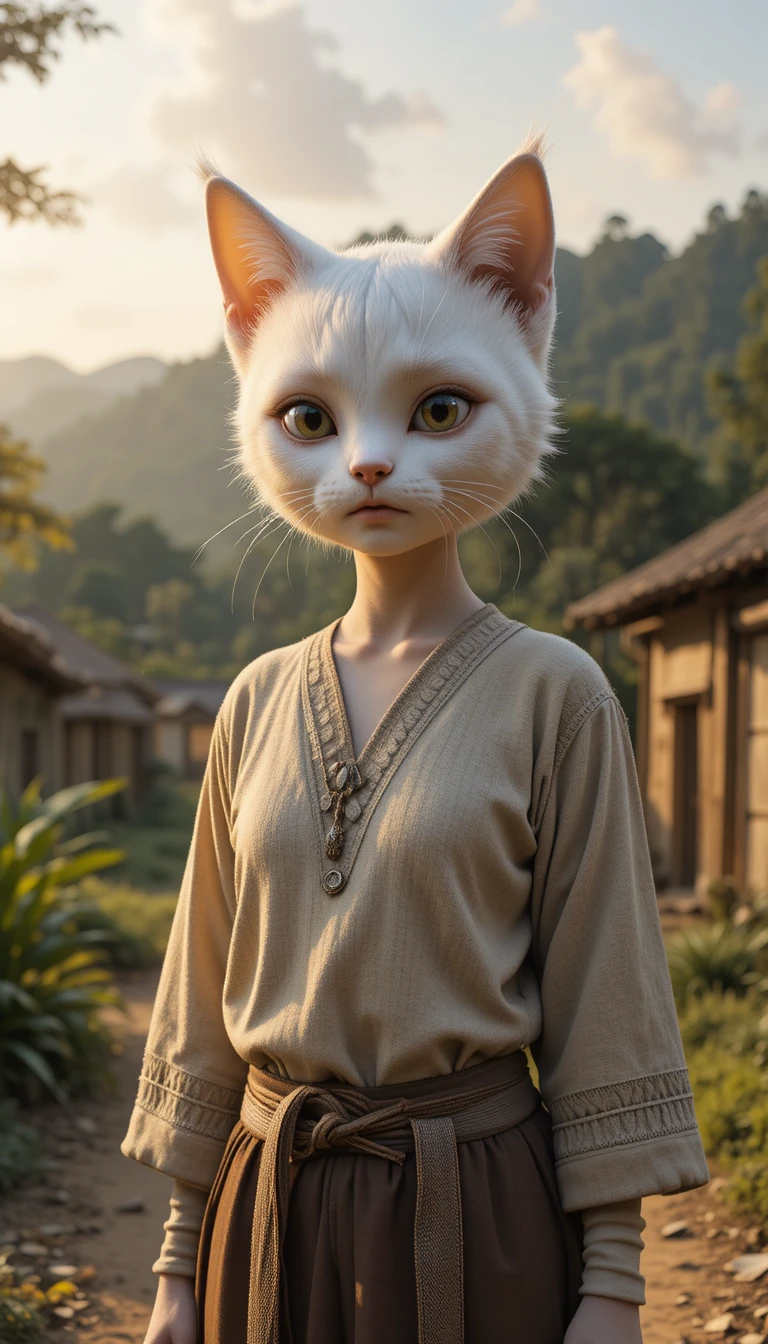 Personaje de cuerpo humano con rostro de gato en una aldea al atardecer