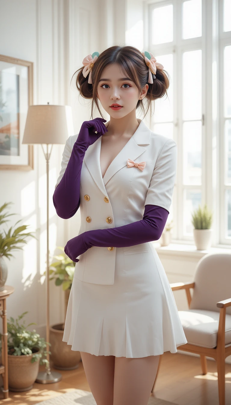 Stylish woman in white skirt suit in bright living room
