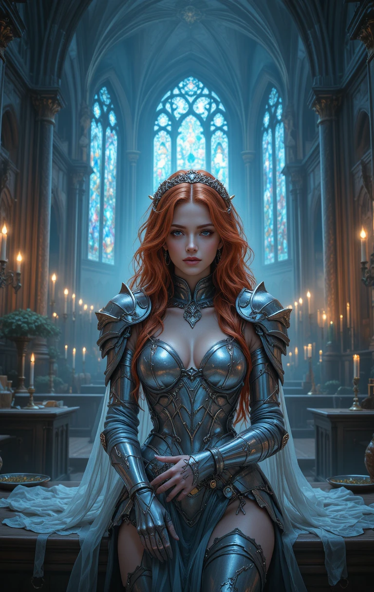 Red haired warrior woman in armor in gothic cathedral