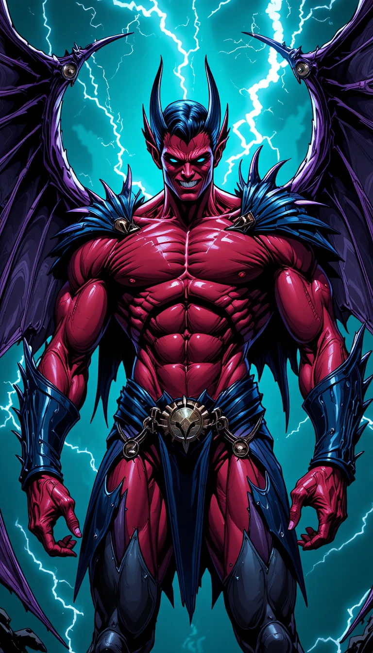 Red demon lord with wings amid teal lightning storm