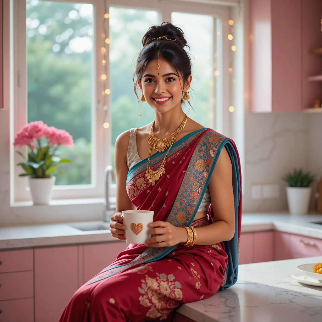 Fröhliche indische Frau auf rosa moderner Küchentheke