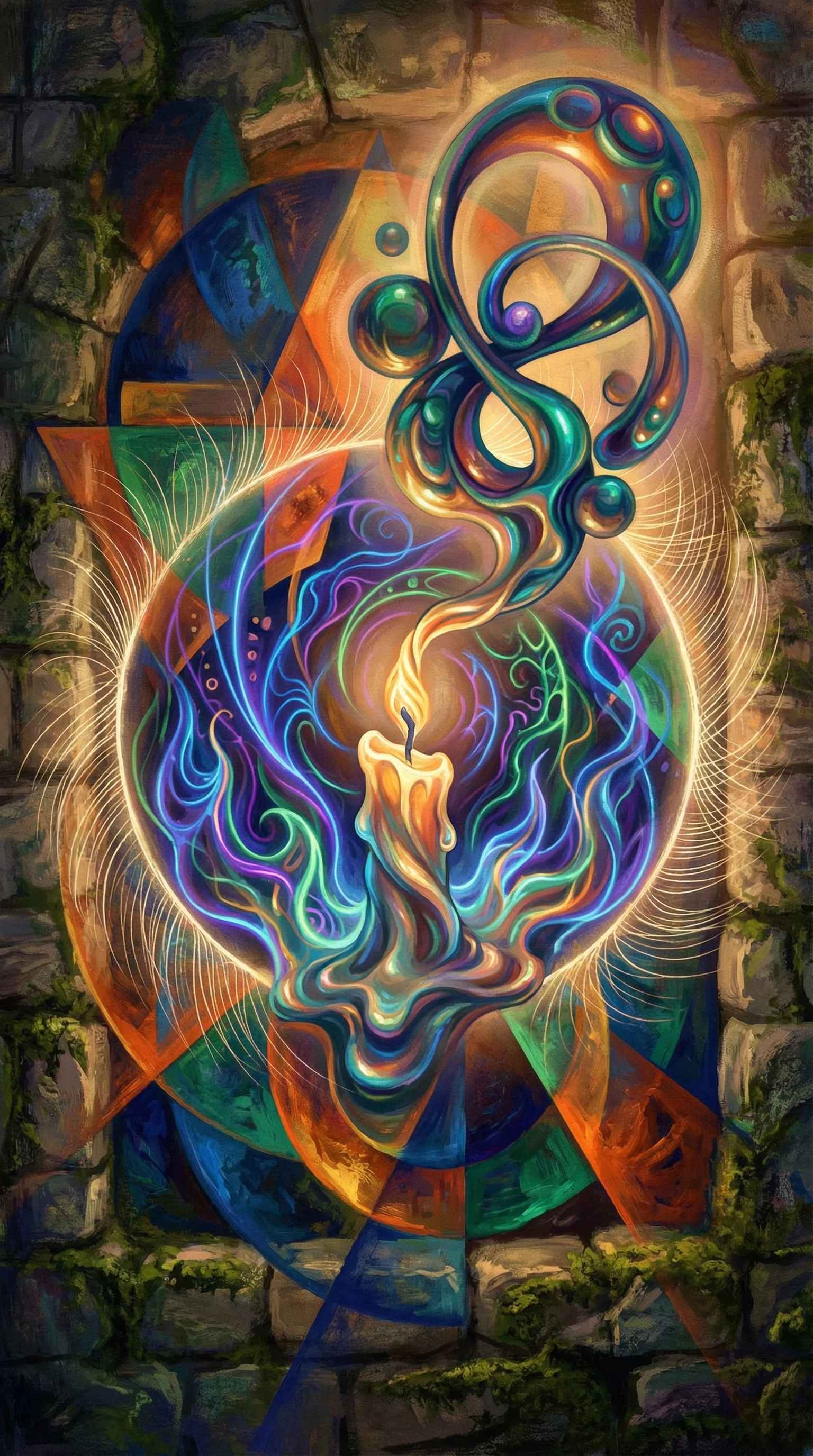 Vela mística con llamas neón abstractas y luz resplandeciente