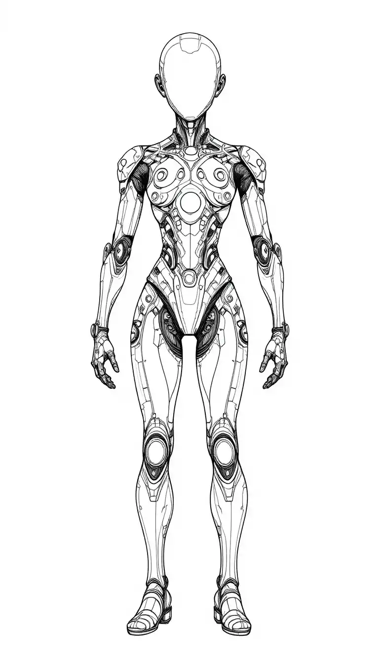 Futuristic android line drawing on a white background