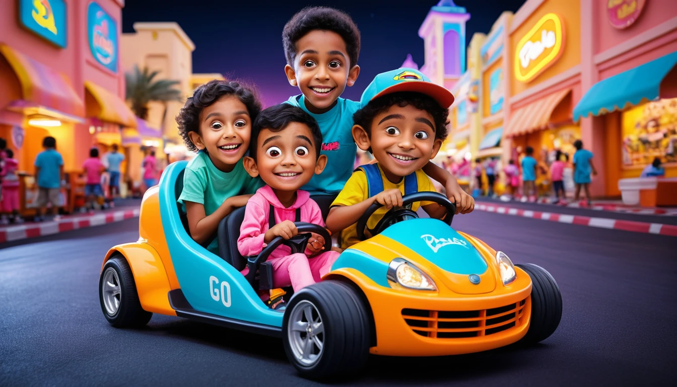 Playful kids racing go karts in neon cartoon Dubai street