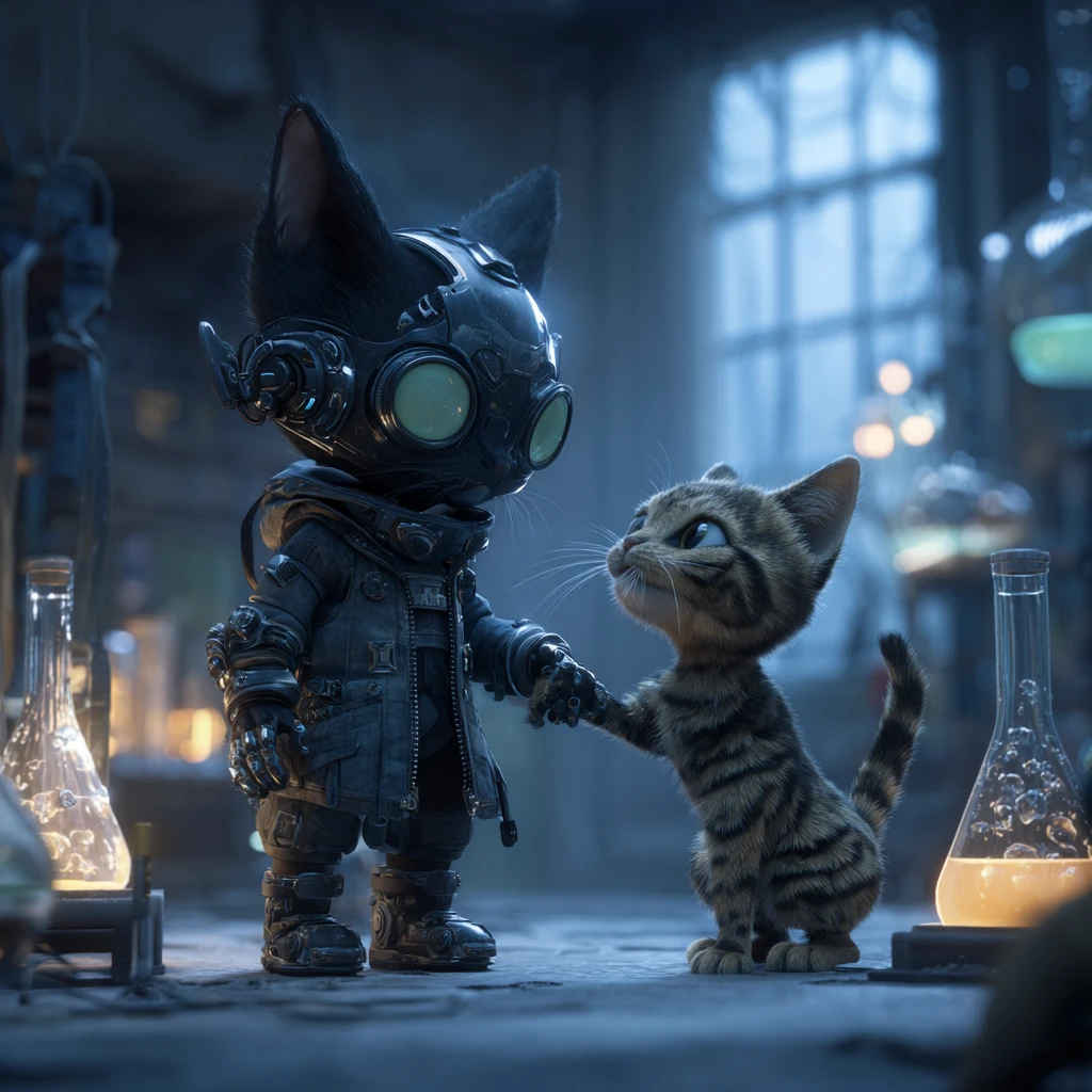 Gato cyborg rescata a gato atigrado en laboratorio sci‑fi a la luz de la luna