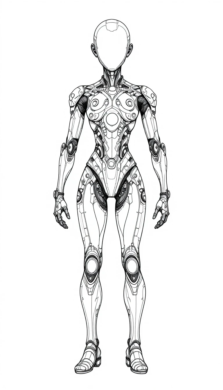 Futuristic android line drawing on a white background