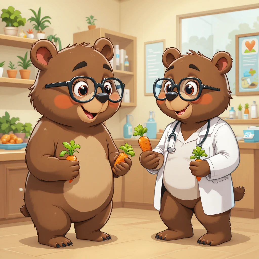 クリニックの部屋で医師とかわいいクマの目の検査