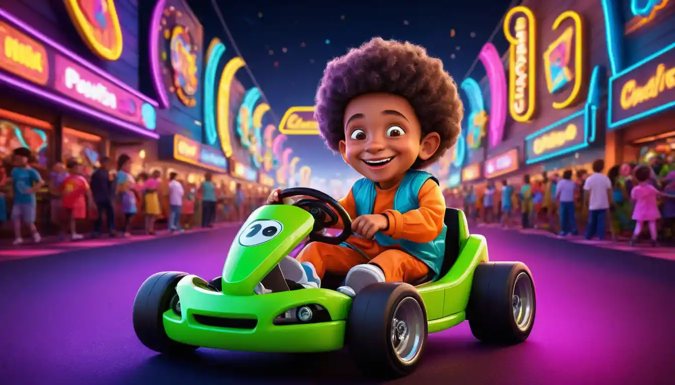 Smiling child in neon scene outside lively nightclub