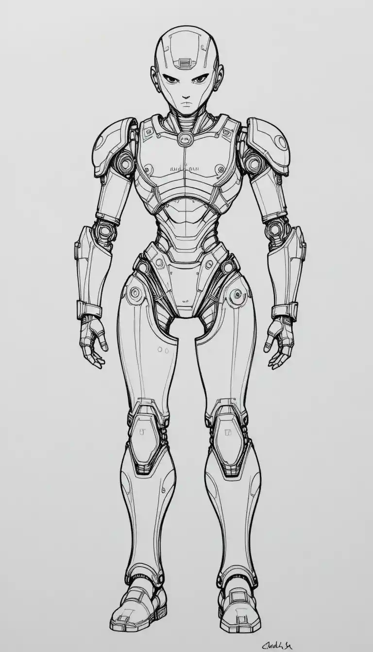 Full body sketch of a humanoid robot on white background