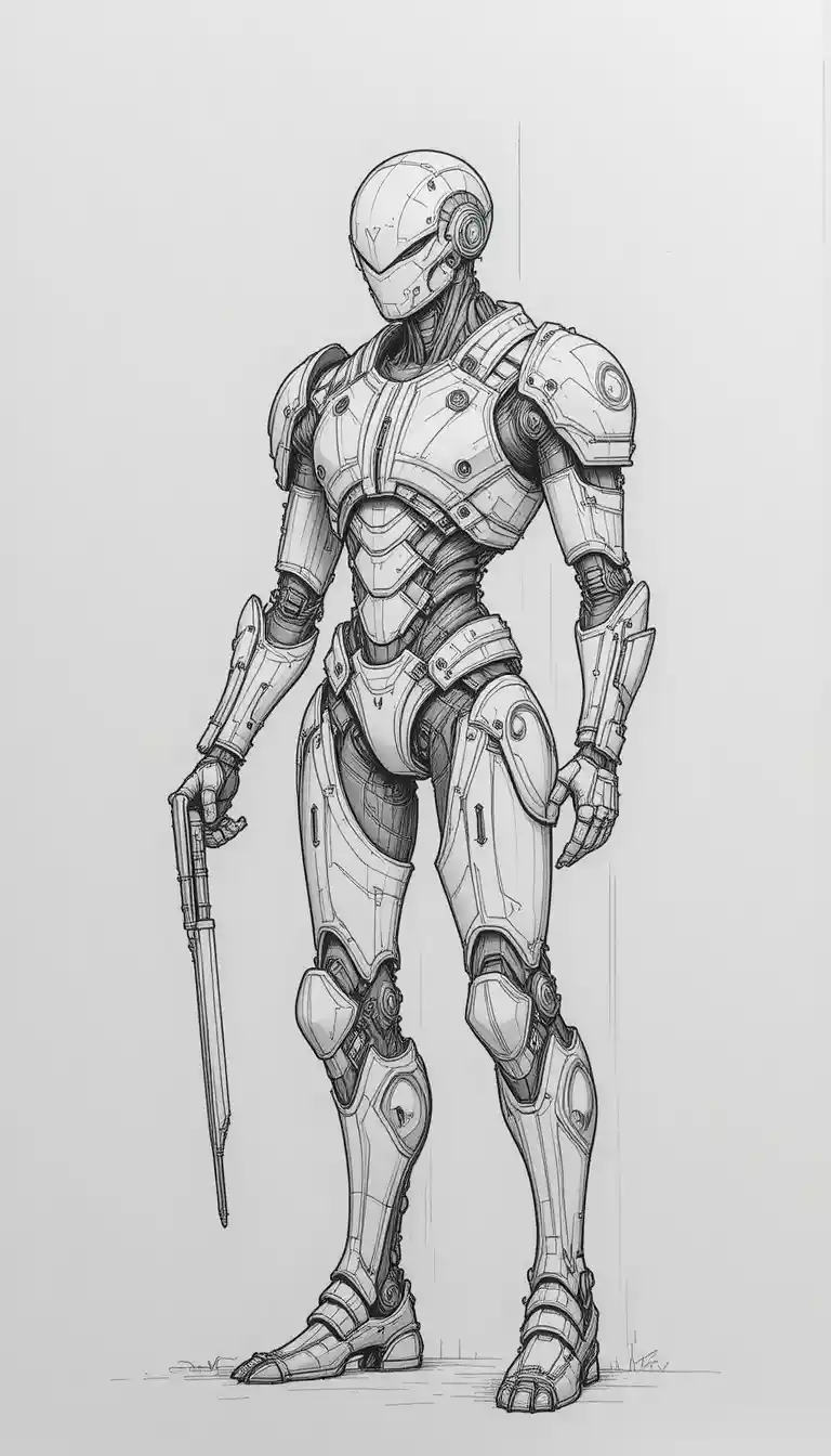 Disegno a matita di robot umanoide con complessa armatura futuristica