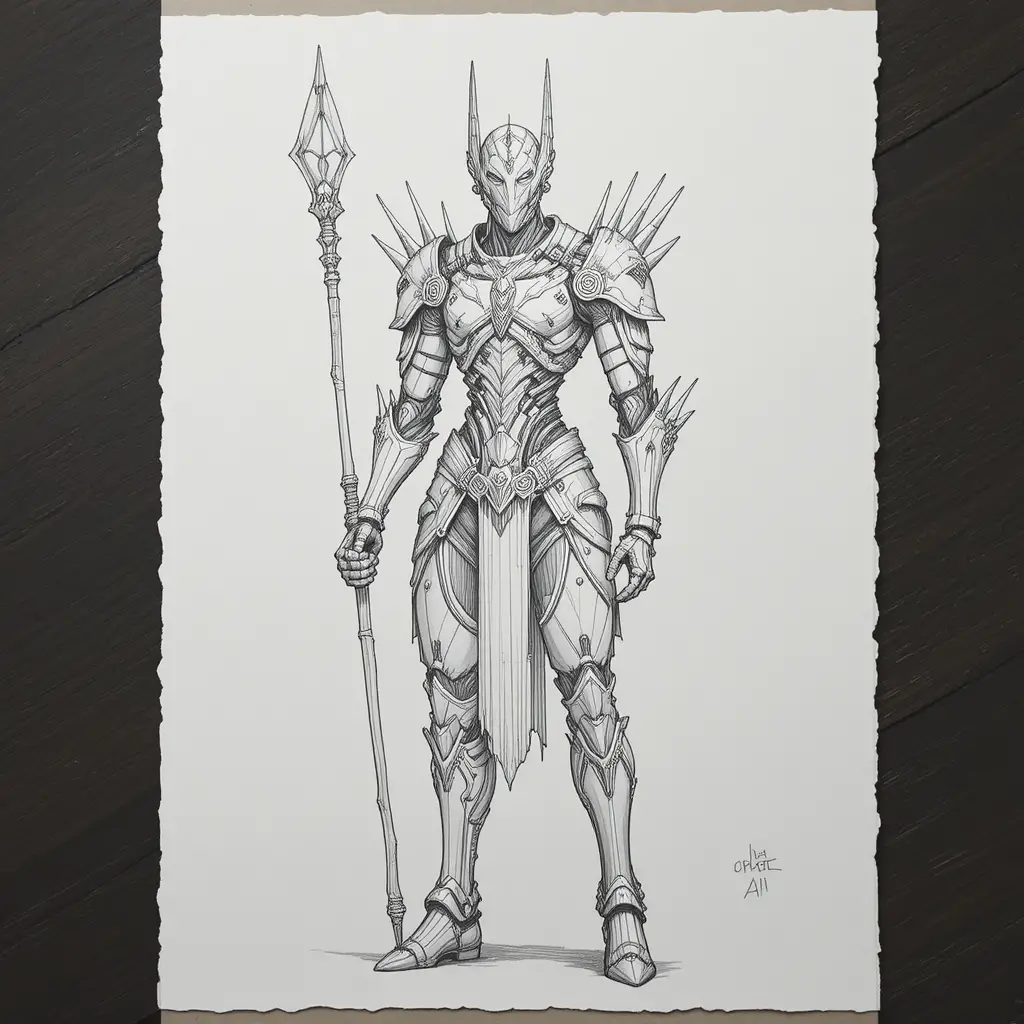 Futuristic armored figure with staff in pencil sketch