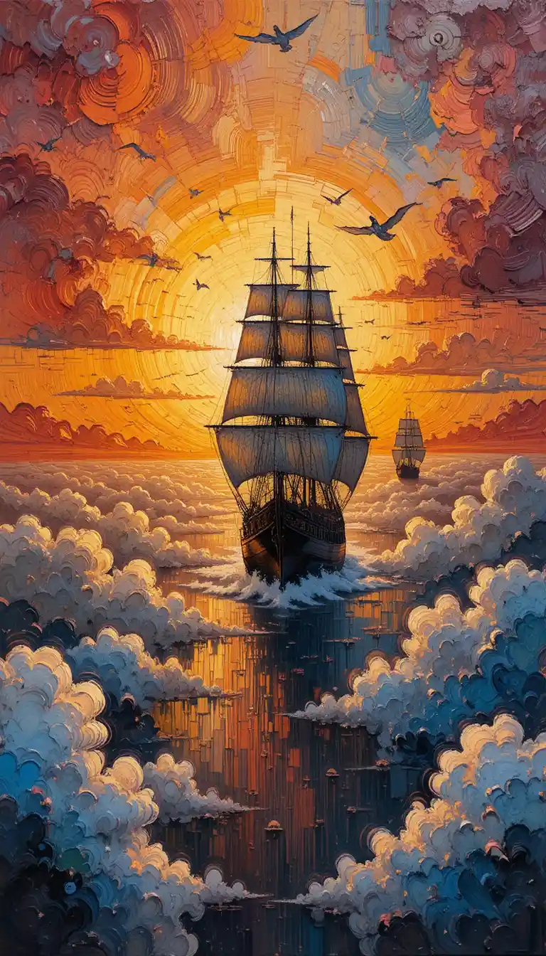 Illusione di veliero all’alba in un cielo di nuvole infuocate a impasto