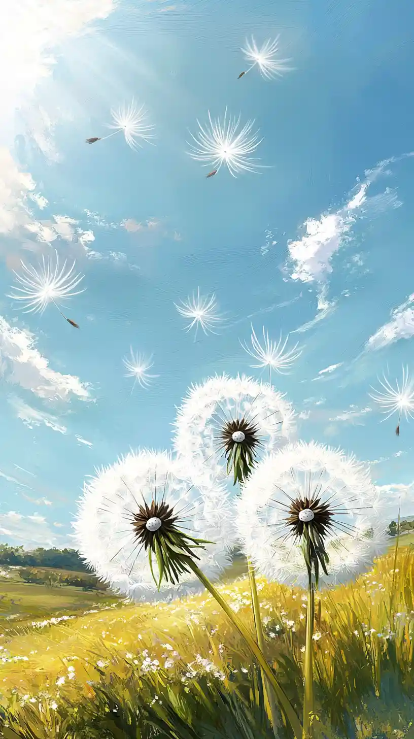 Sunlit meadow with drifting dandelion seeds in clear sky