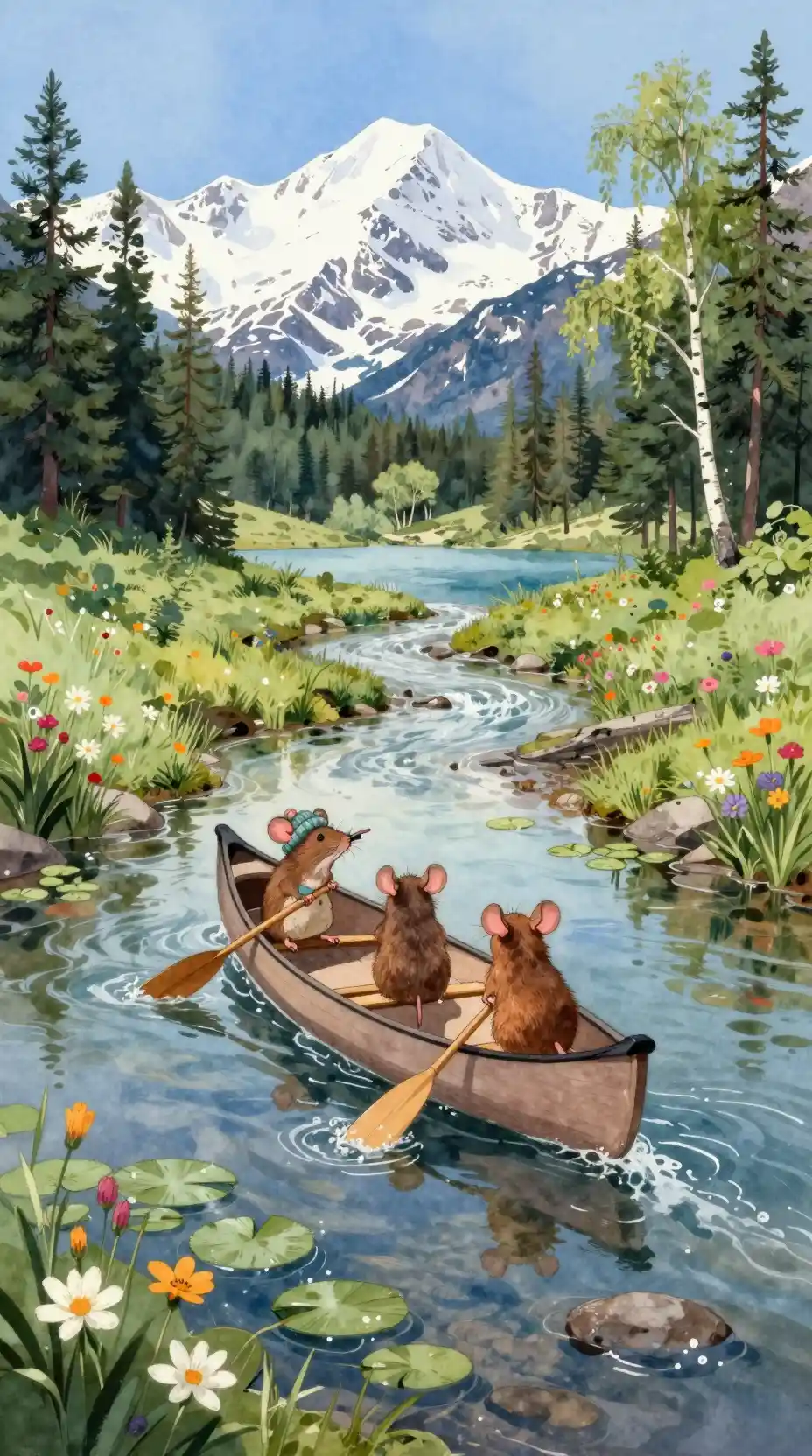 Watercolor mice paddling a canoe on mountain stream