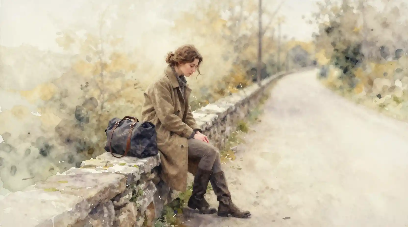 Garota em aquarela sobre um muro de pedra ao lado de uma estrada sinuosa