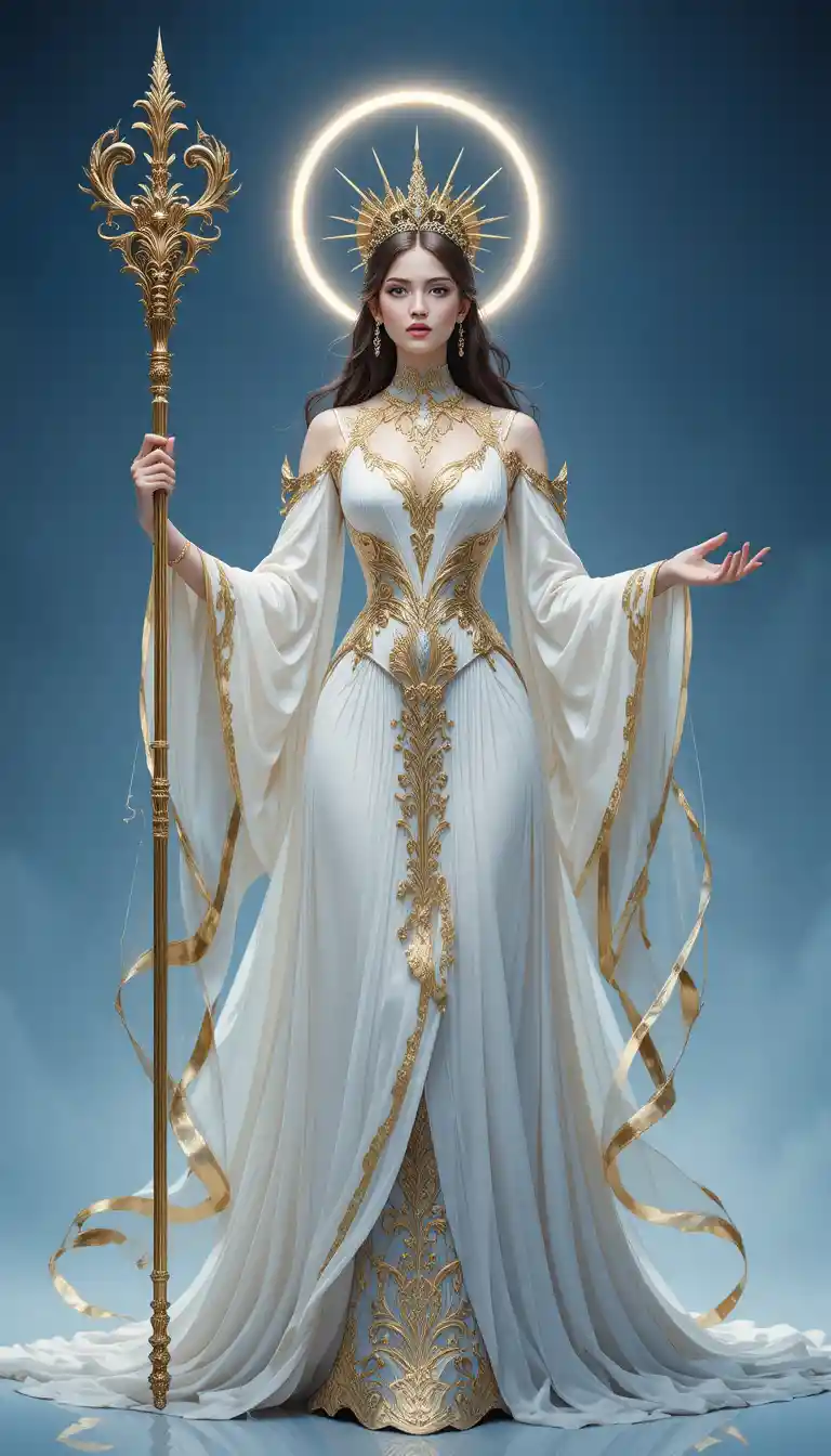 Ethereal regal woman with staff in white and gold