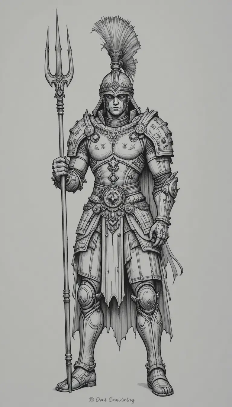 Armored warrior holding a trident in detailed pencil drawing