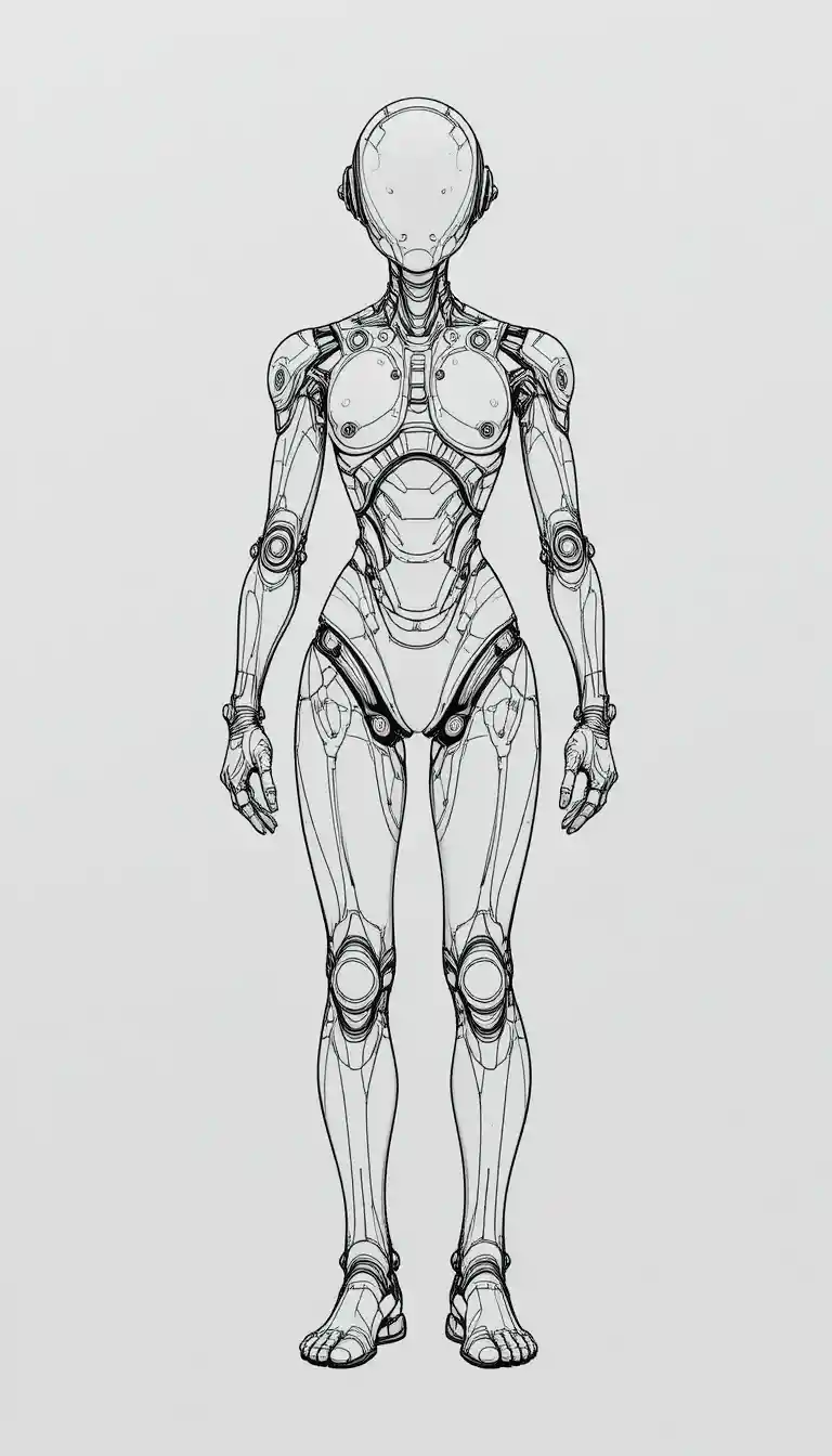 Futuristic android line drawing on white background