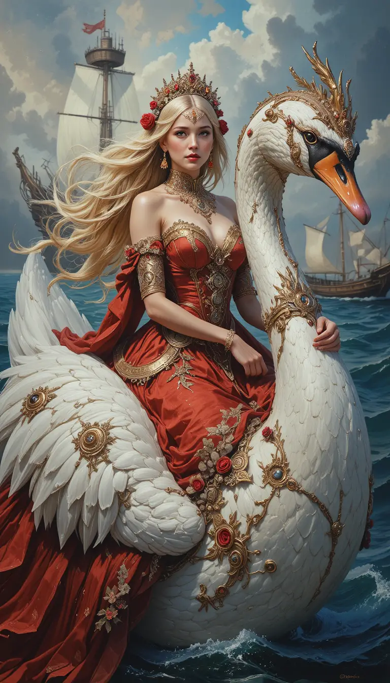 Regal woman riding a giant swan over the sea