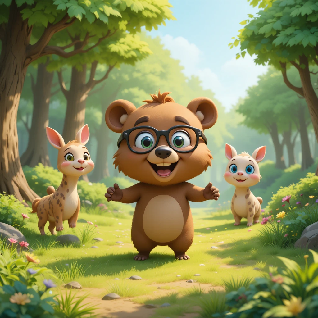 Tierno oso de dibujos animados con amigos en un bosque verde y soleado
