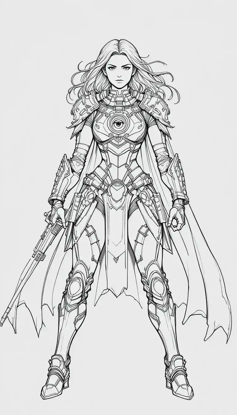 Guerreira futurista blindada em pose dinâmica de line art