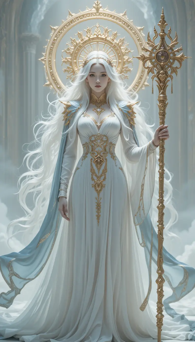 Celestial woman with golden staff and glowing halo