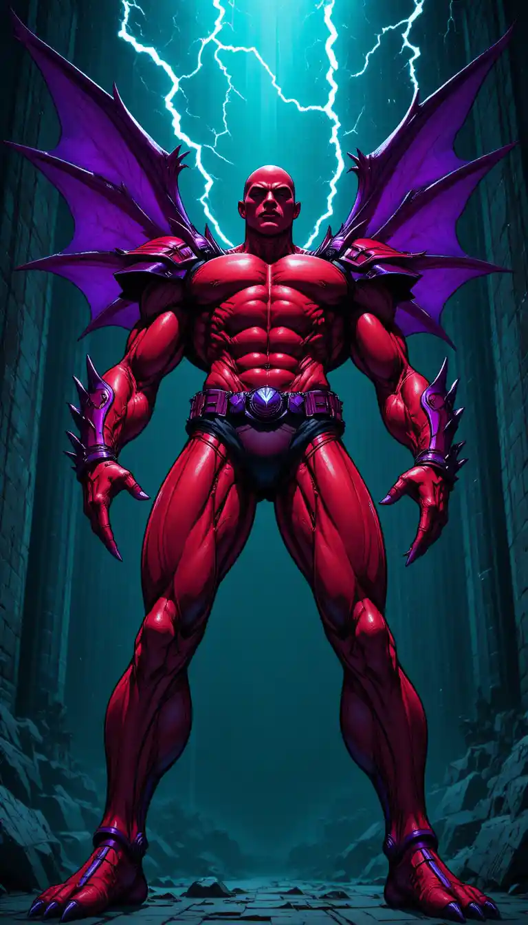 Armored red superhero with lightning in a dark fantasy scene