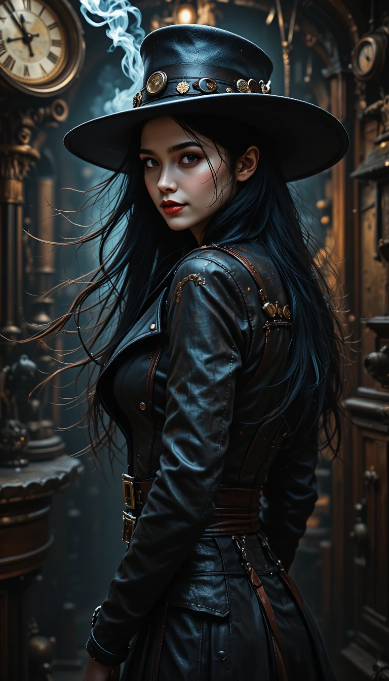 Mujer vampiro steampunk en un paisaje urbano oscuro y ventoso