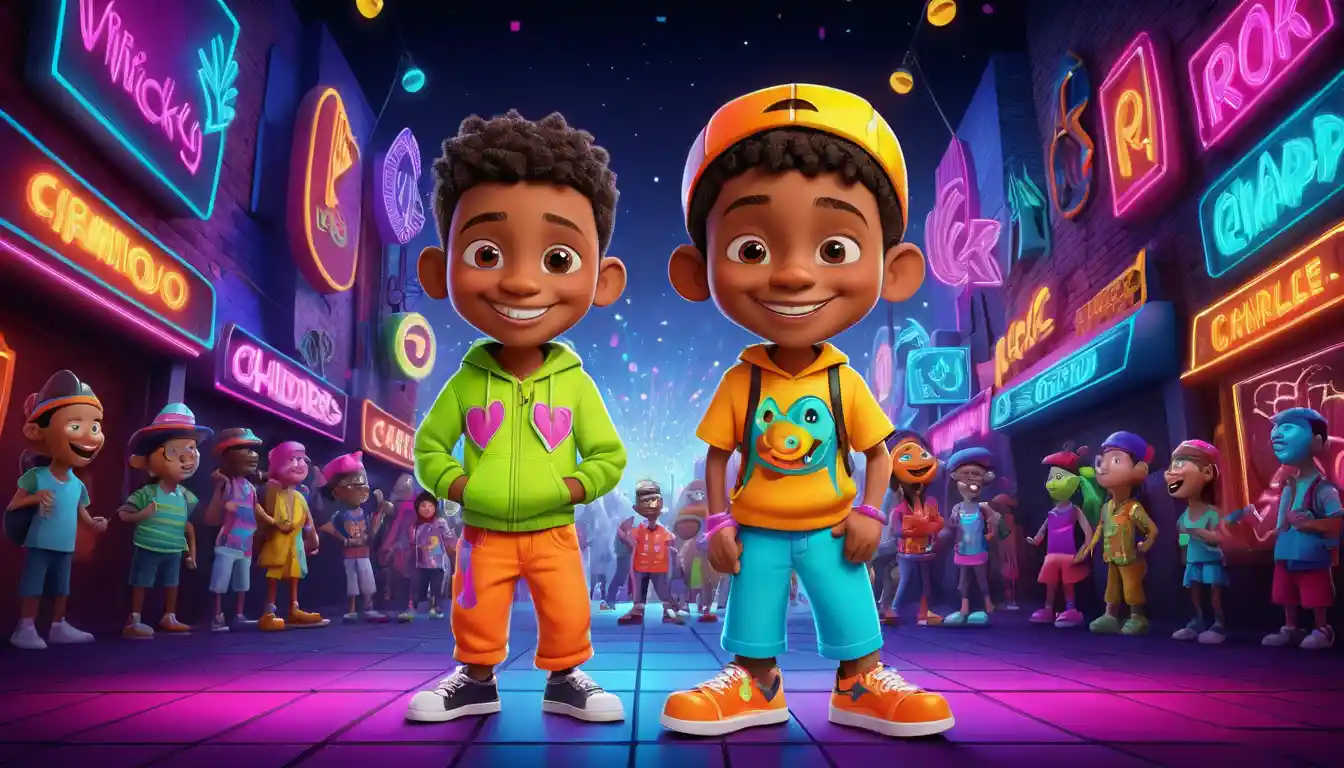 Joyful child in neon cartoon scene outside nightclub