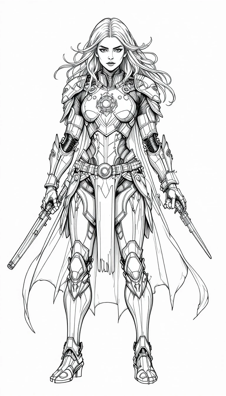 Futuristic Armored Warrior Woman In Dynamic Line Art Pose