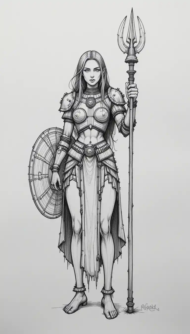 持杖與盾牌的單色戰士素描設計