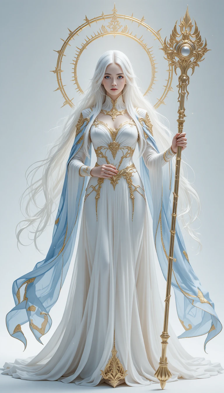Celestial woman with golden staff and glowing halo