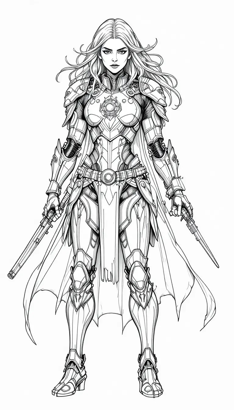Futuristic Armored Warrior Woman In Dynamic Line Art Pose