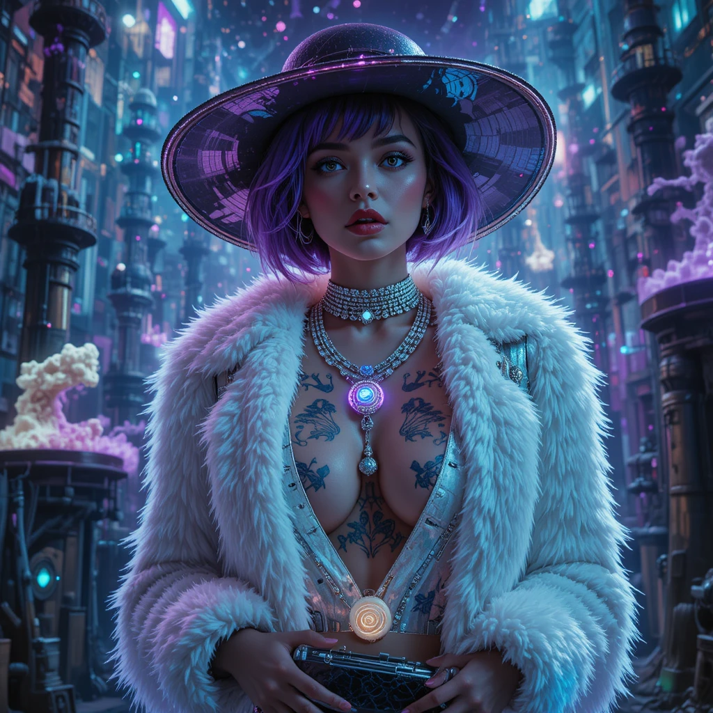 Ritratto di moda cyberpunk con tatuaggi al neon e cappello