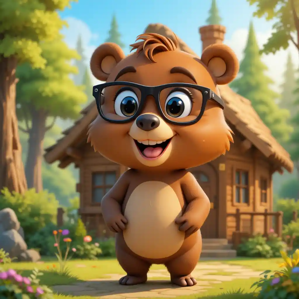 Oso marrón adorable con gafas frente a una casa del bosque