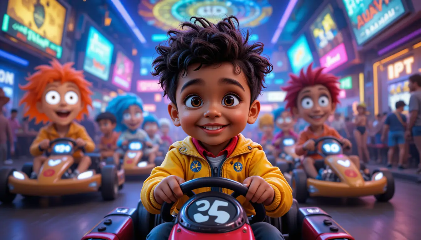 Smiling Child Outside Neon Nightclub In Cartoon Style