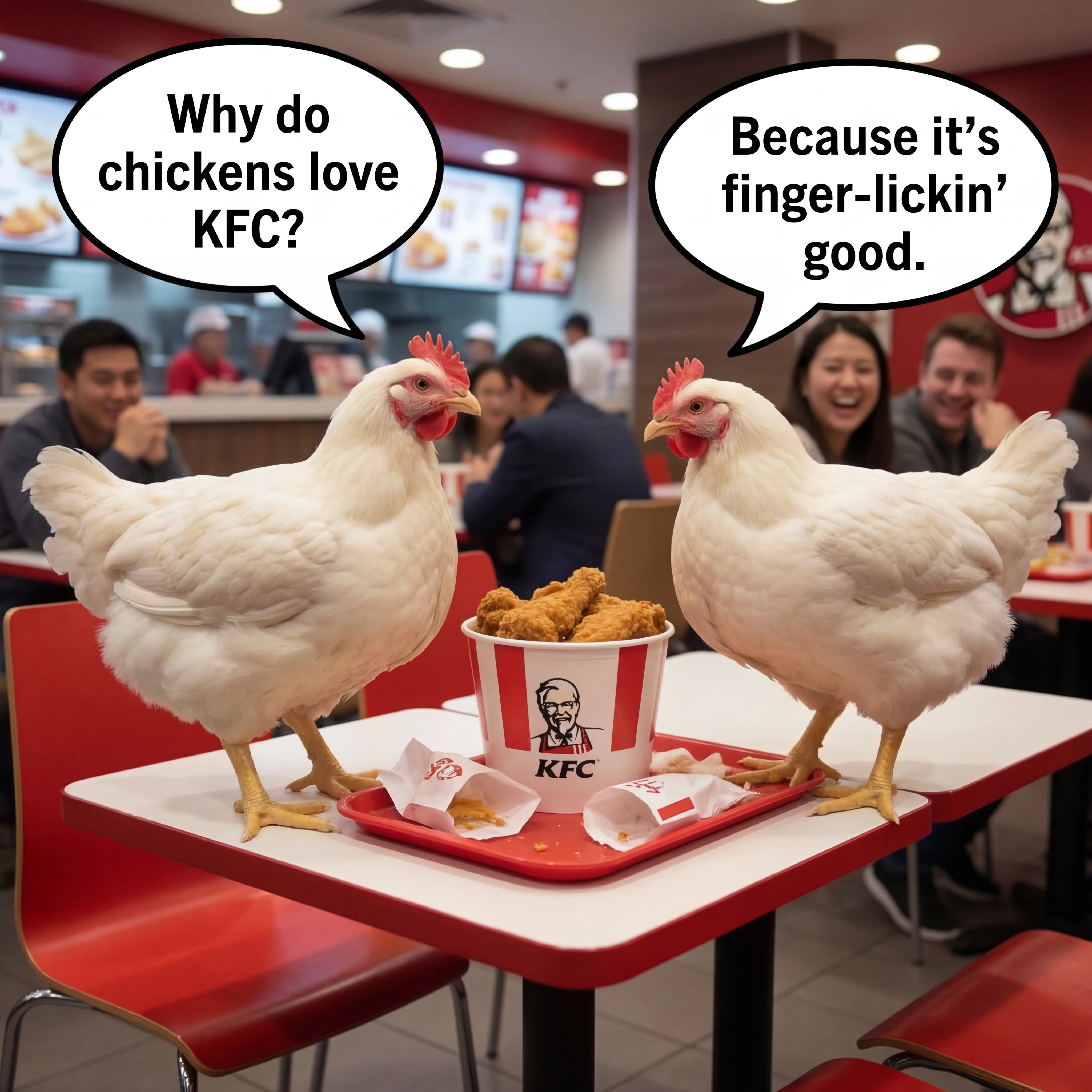 Duas galinhas brancas conversando dentro de um restaurante fast-food