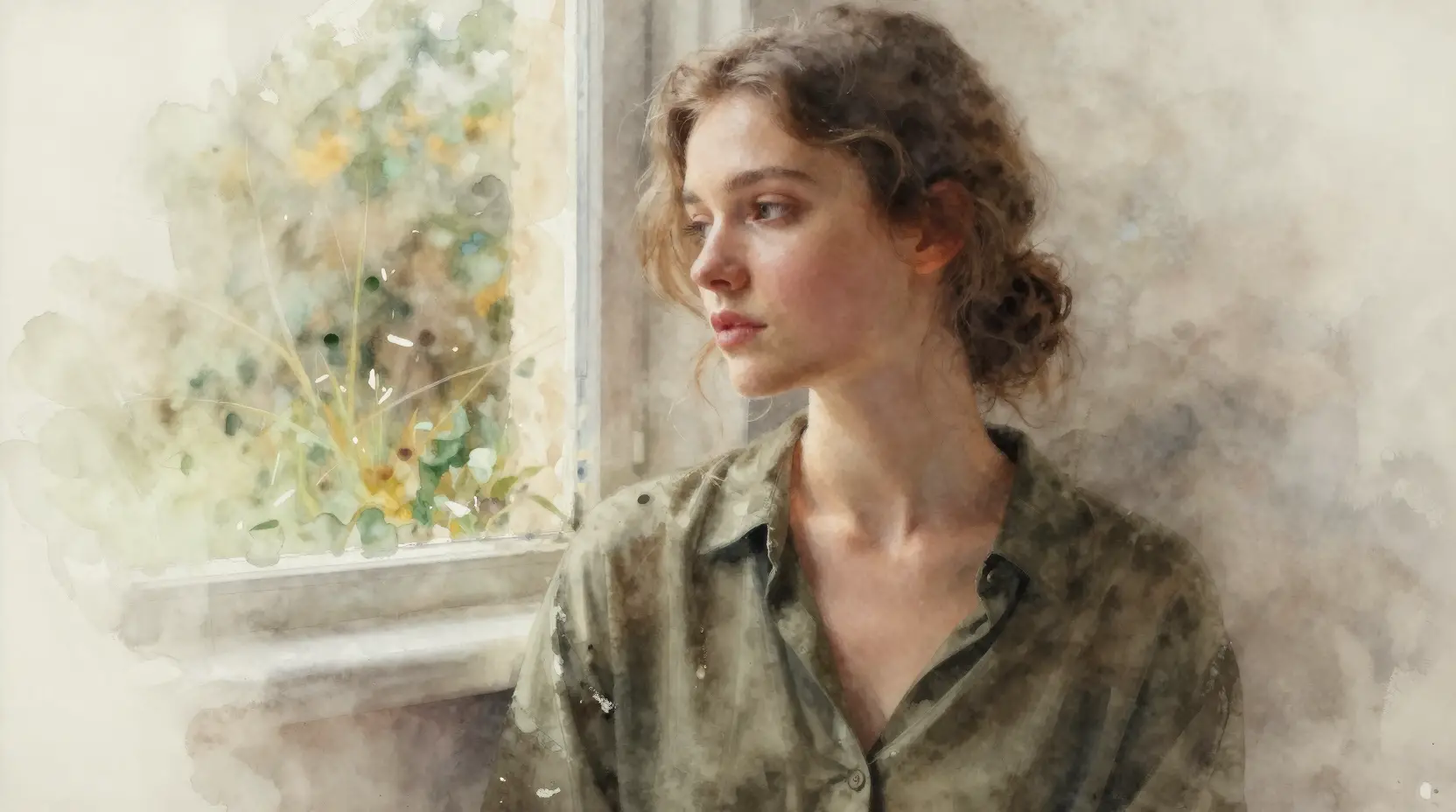 Wistful watercolor portrait of a young woman by a window