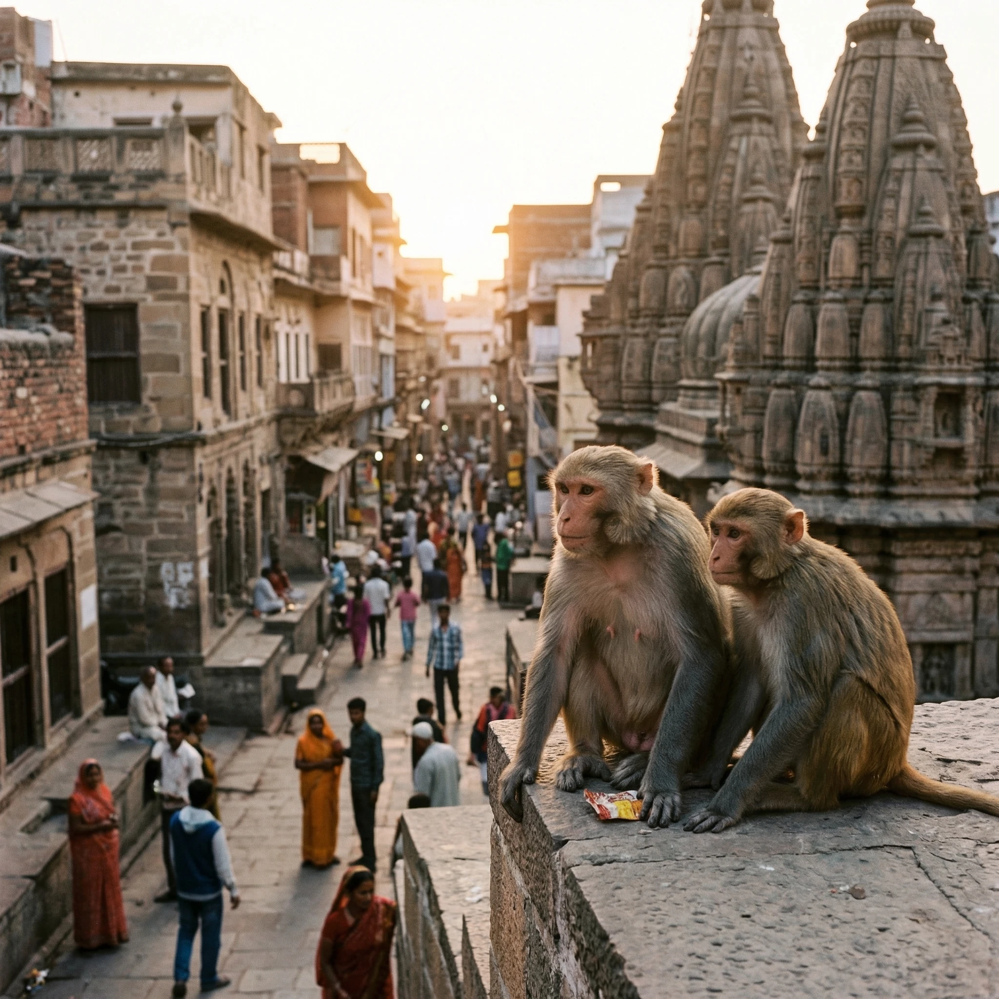 Two monkeys living near an old temple by the city