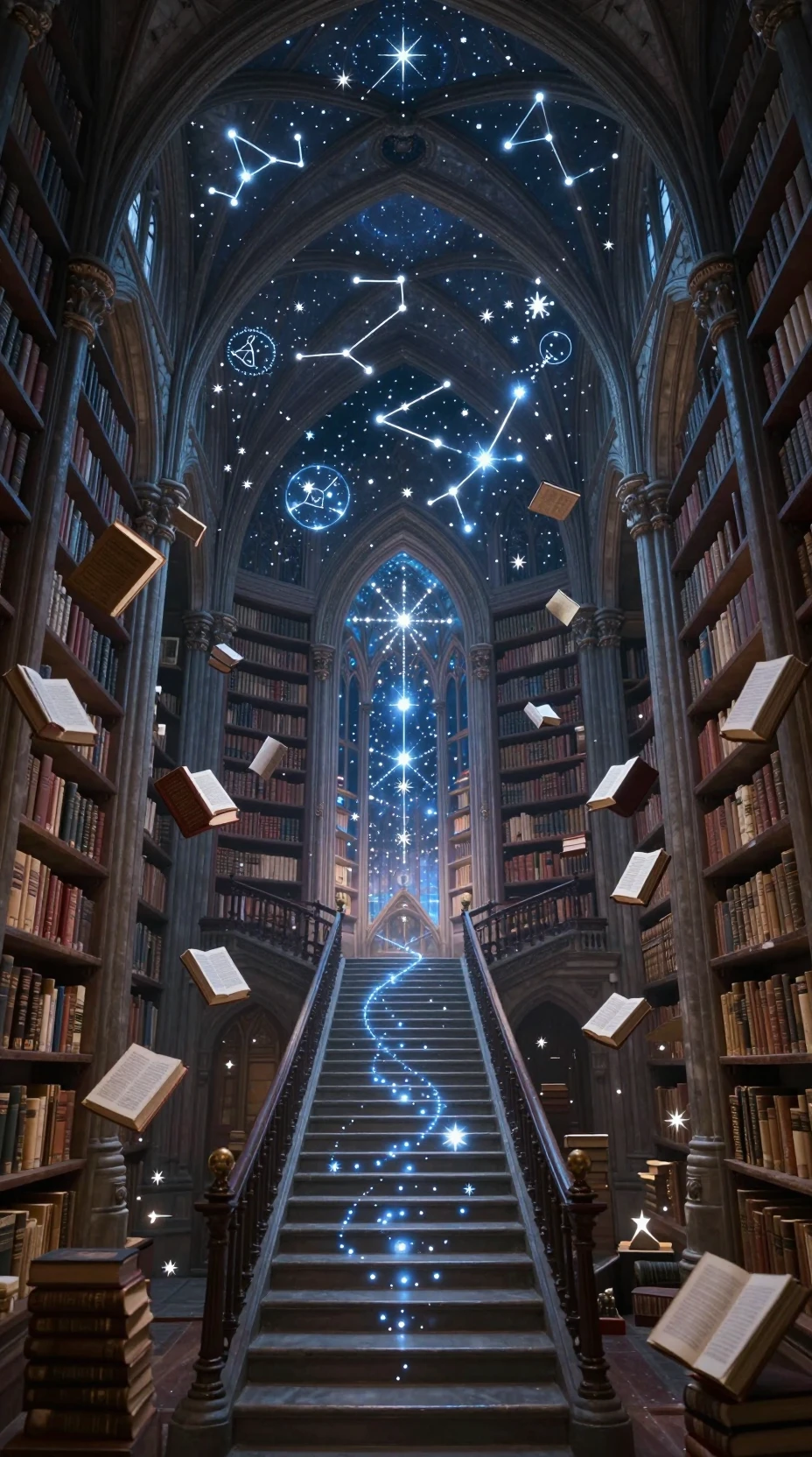 Vasta biblioteca gótica con libros flotantes y techos iluminados por estrellas