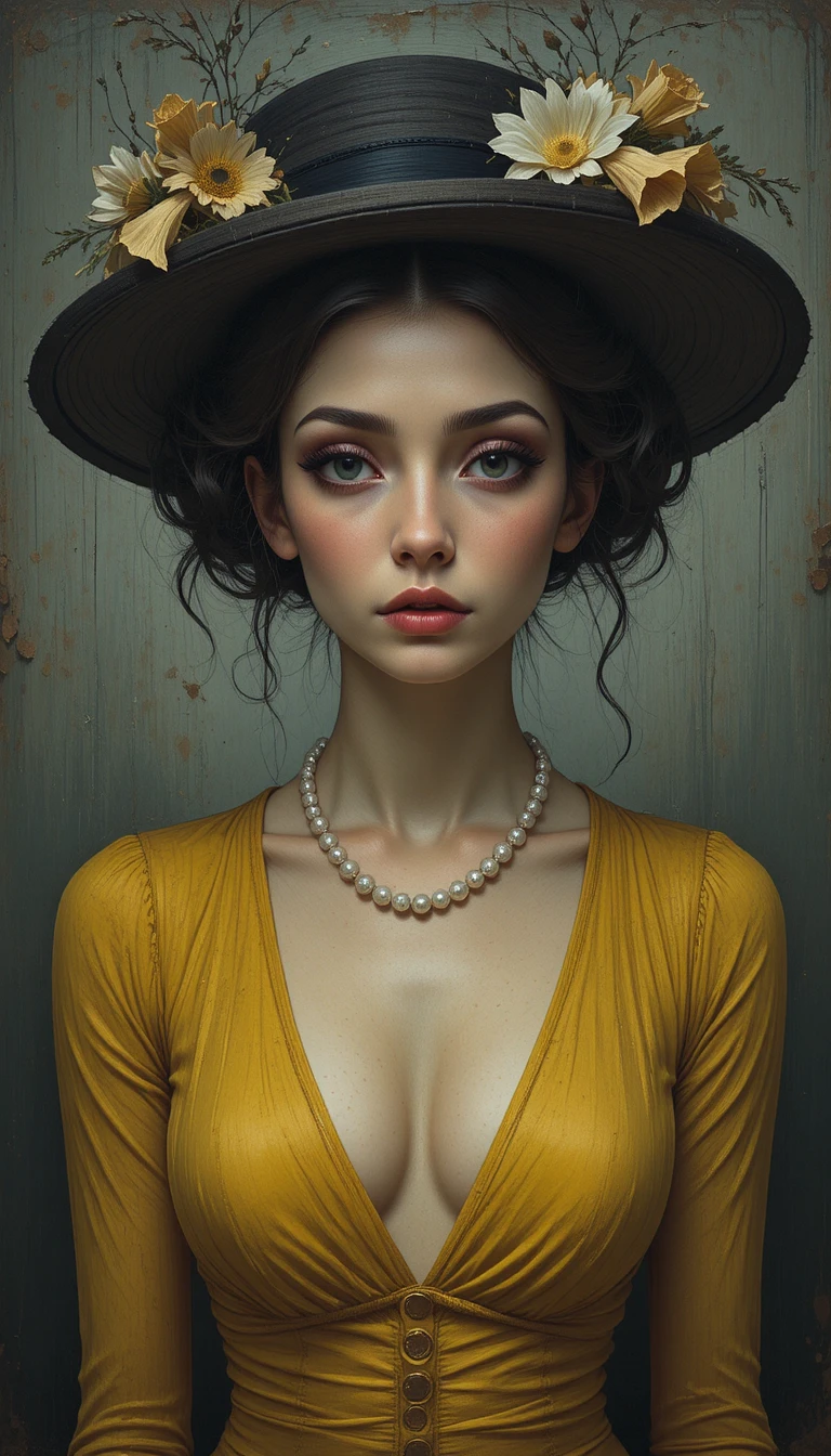 Melancholic girl in yellow dress with pearl necklace portrait