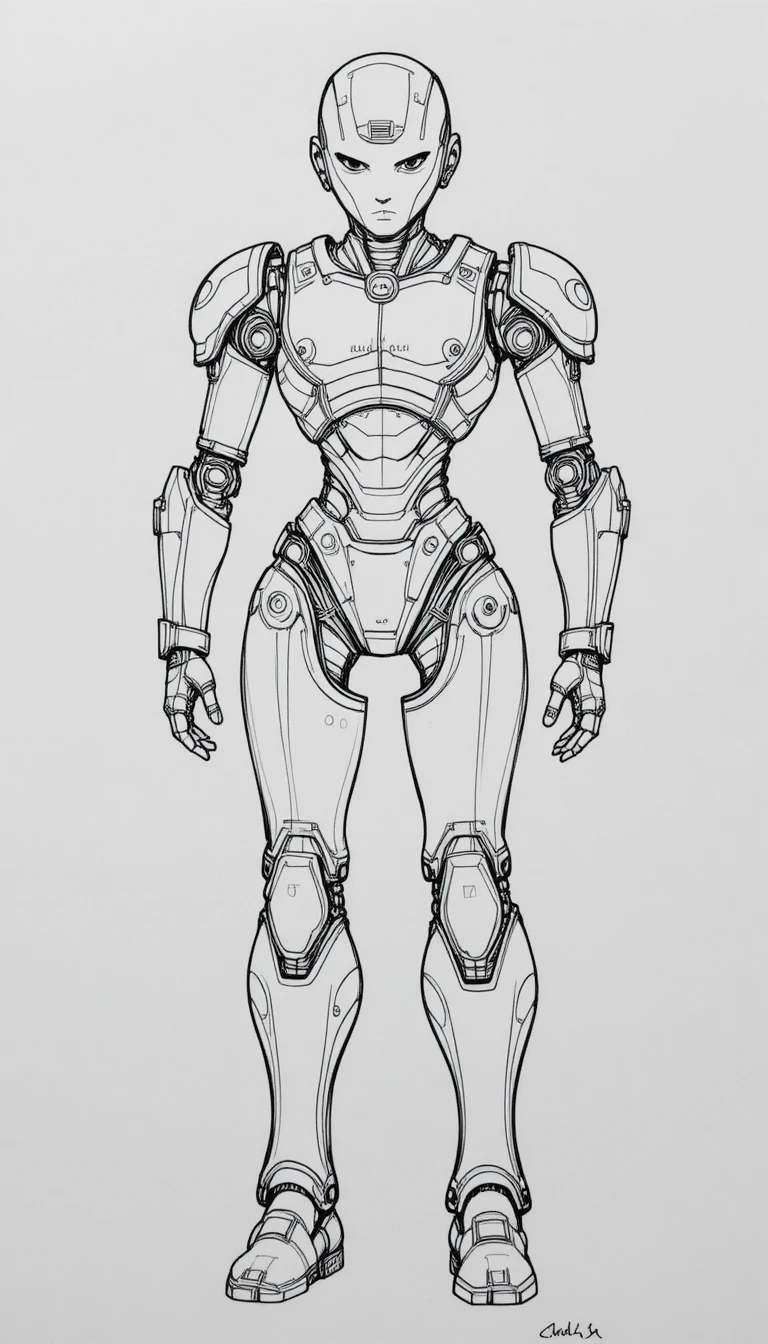 Full body sketch of a humanoid robot on white background