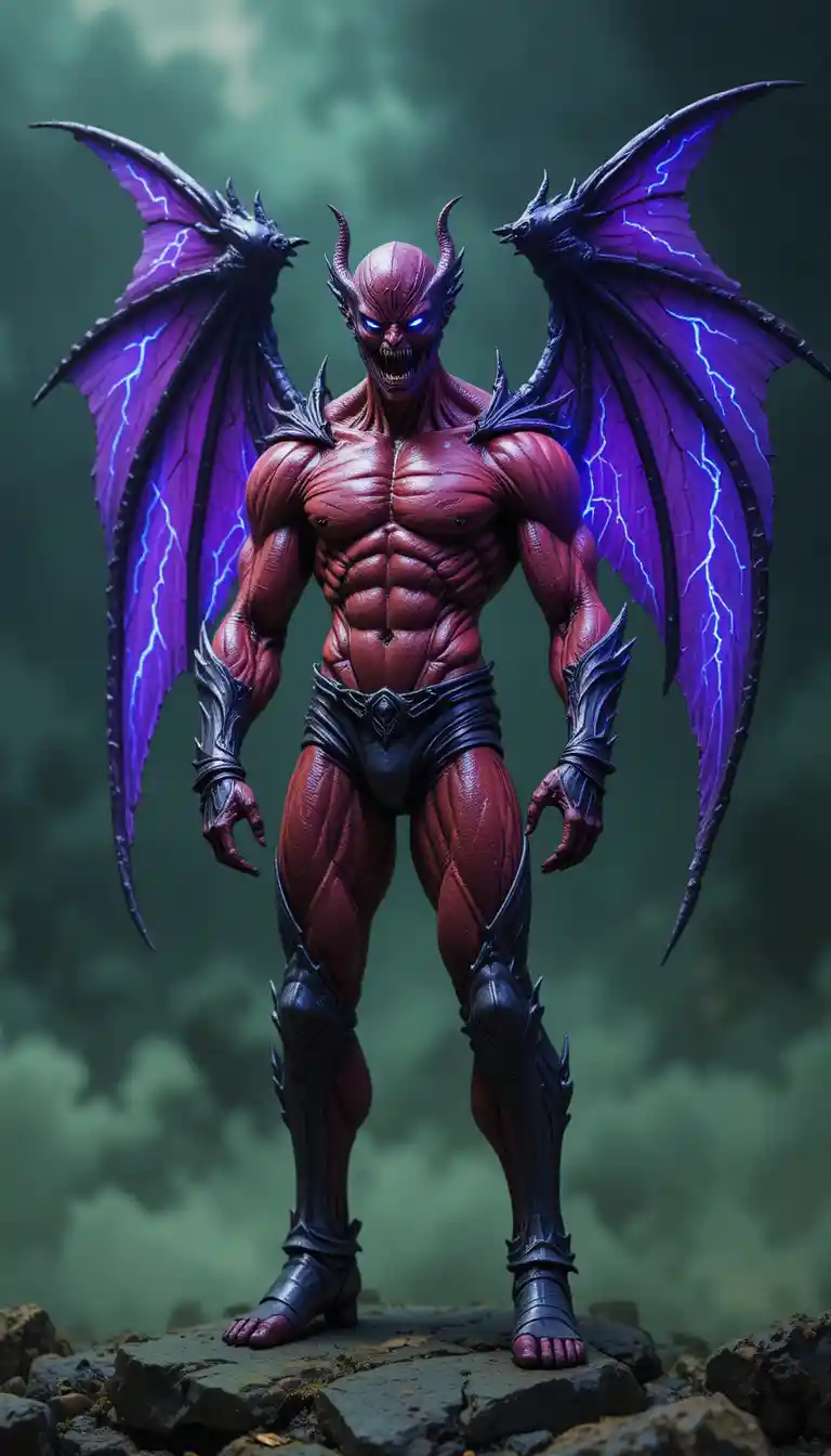 Armored winged demon with crackling purple lightning