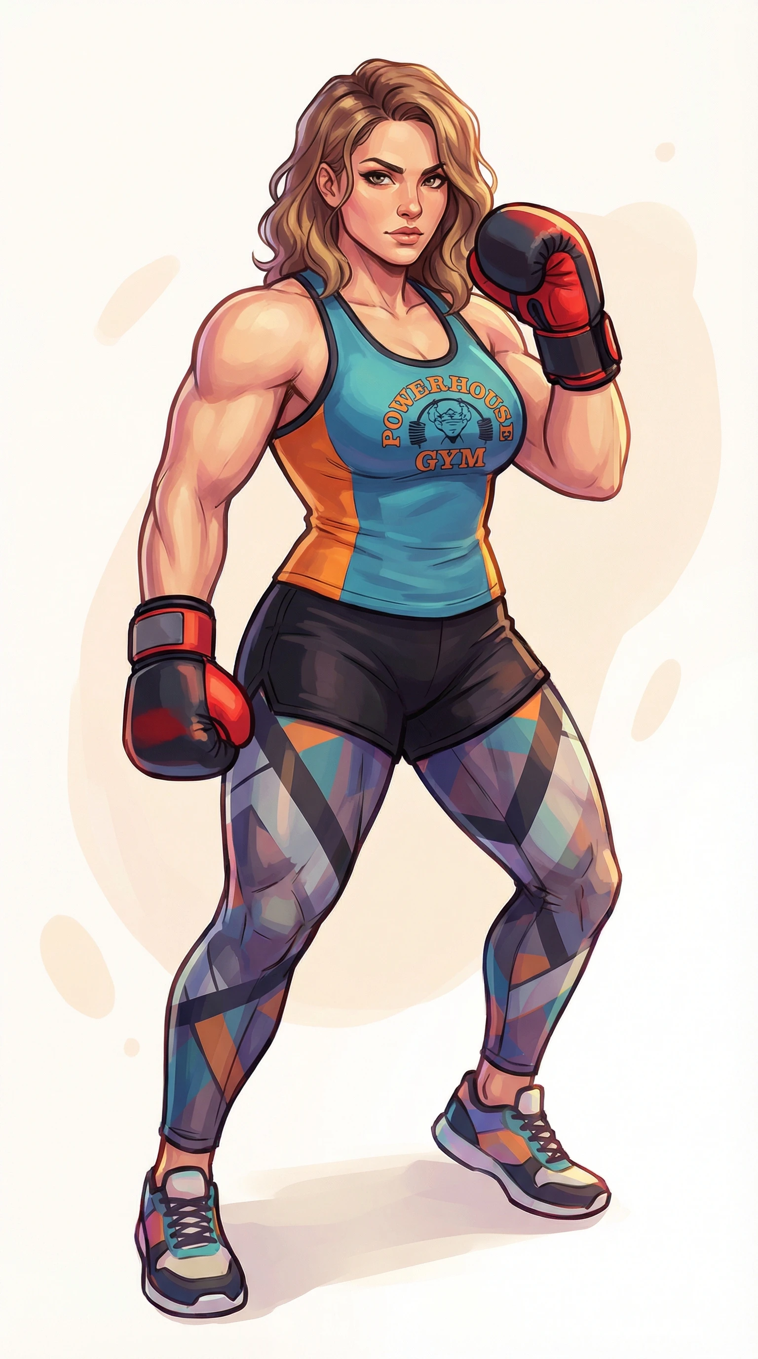 Athletic woman fighter pose in modern colorful sportswear