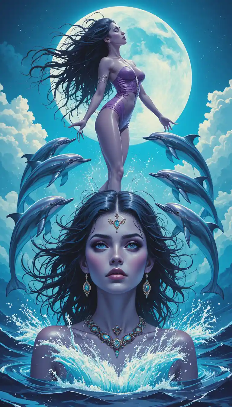 Ocean goddess portrait rising from water in moonlight