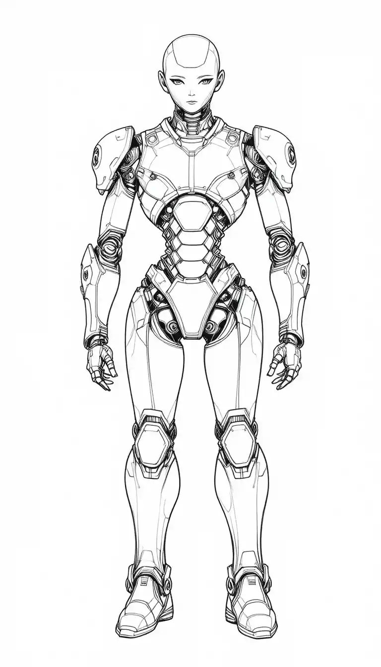 Full body sketch of a humanoid robot on white background