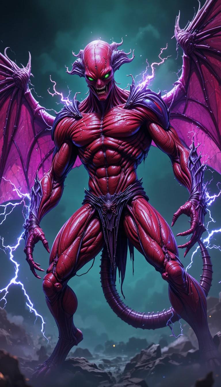 Red alien warrior with massive wings and electric energy