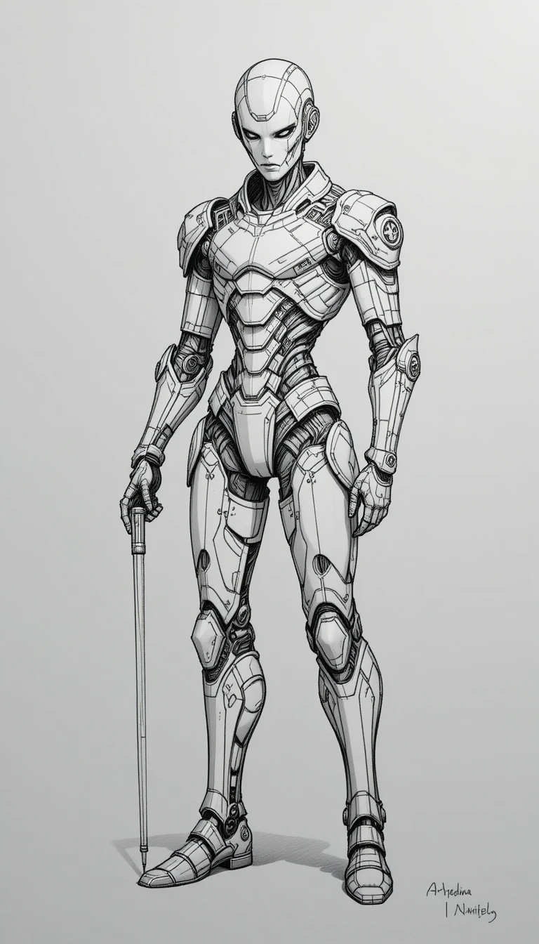 Humanoid Robot In Futuristic Armor Pencil Drawing